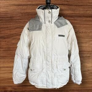 NILS Vintage Ski Board Coat Jacket Sz 14 Womens White Hood Zip Many Pockets Warm
